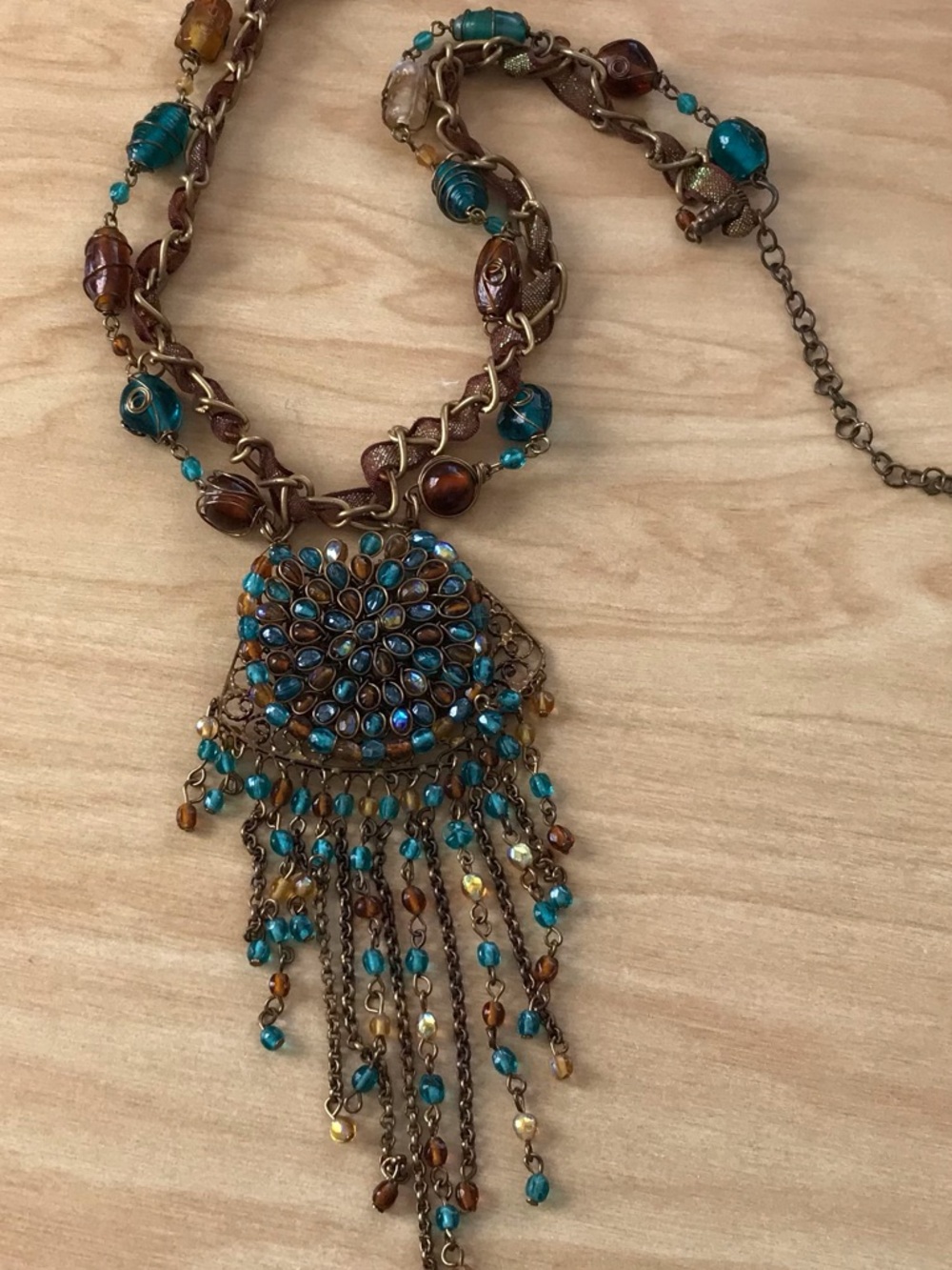 Turquoise and Amber unique glass artisan Beaded hanging Fringe Necklace